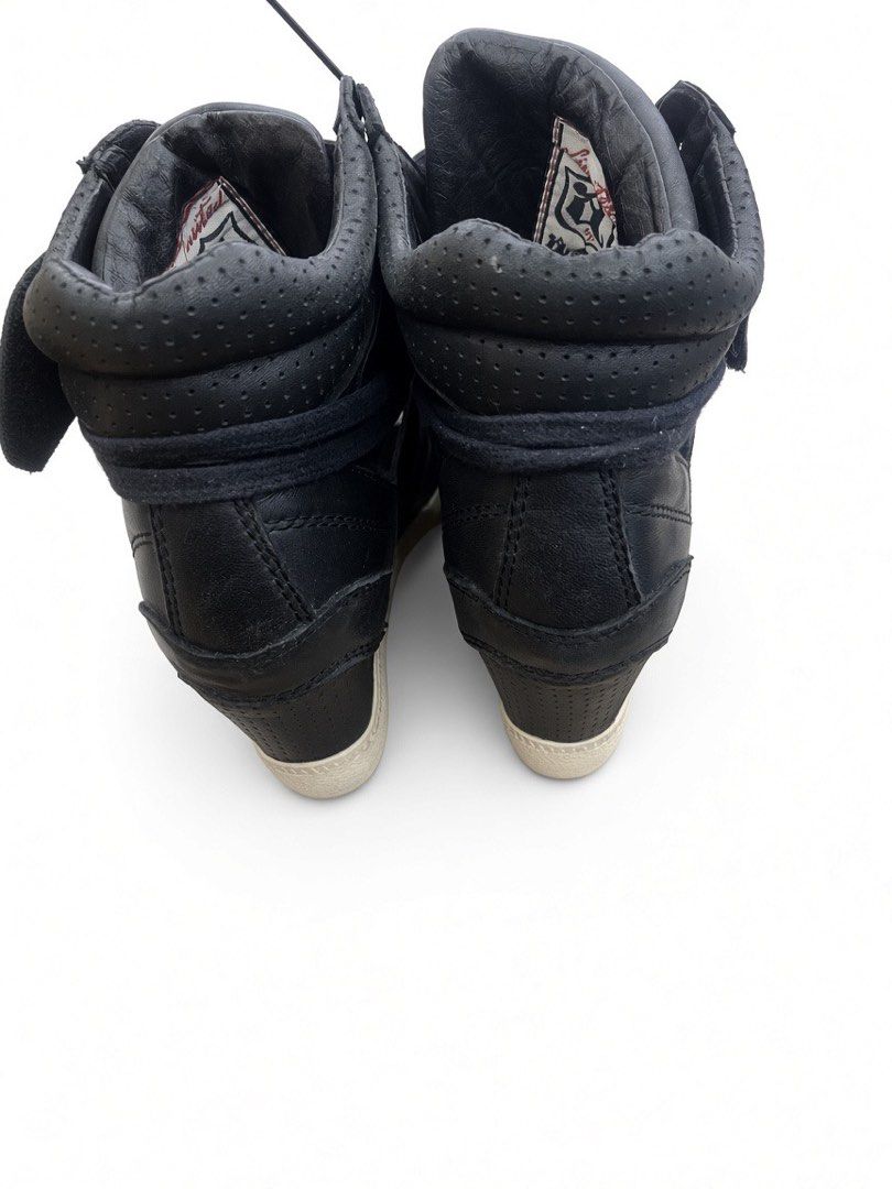 ASH OPEN-TOE HIDDEN WEDGE SNEAKERS (Category: Wedges) located in Lipa City. Submitted by alexcollectionco (Listing ID 1462379472, Image 3). Description: ASH black leather high-top open-toe sneakers featuring a hidden wedge heel, adjustable strap, cutout sides, and perforated accents. Built with genuine leather, durable rubber soles, and signature branding. Bold Y2K streetwear piece for punk, goth, alt, grunge, and archive fashion aesthetics. Size