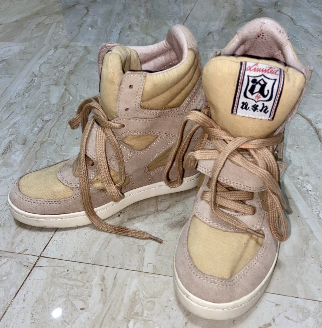 ASH Wedge Sneakers Size 37 (Category: Sneakers) located in Manila. Submitted by jenqumd030 (Listing ID 1462391278, Image 2). Description: - ASH wedge sneakers - Color: Beige and Pink - Style: Lace-up with velcro strap - Size: 37 - Condition: Pre-loved, with visible signs of wear (please check photos).