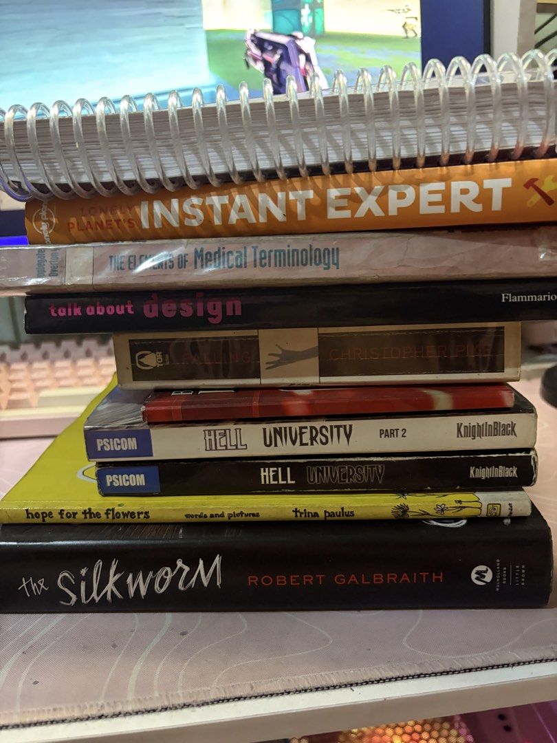Assorted Books: The Silkworm, Hell University, and more (Category: Storybooks) located in Manila. Submitted by laulokinstr (Listing ID 1462311352, Image 1). Description: - The Silkworm by Robert Galbraith - Hell University by Psicom (2 copies) - Hope for the Flowers by Trina Paulus - The Elements of Medical Terminology - Instant Expert - Talk About Design - A great mix of genres and topics for diverse readers!.