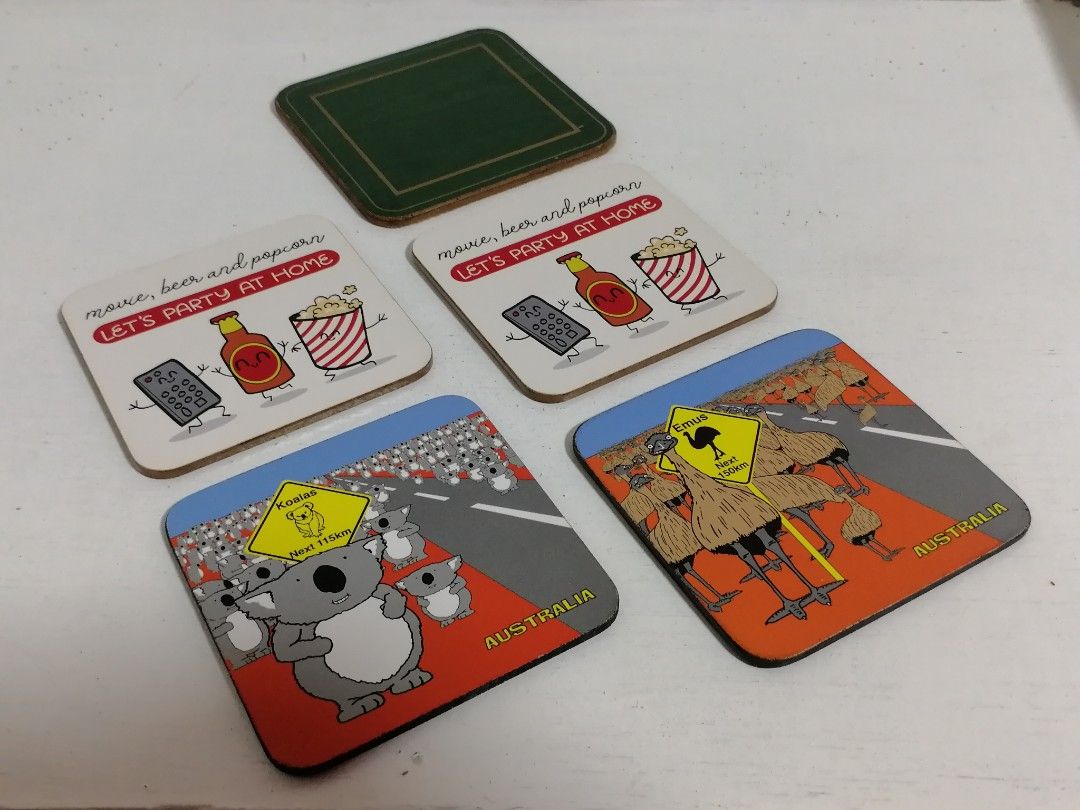 Australian Koalas & Emus + 3 Assorted Square Laminated Cork Drink Coasters (Category: Other Kitchenware & Tableware) located in San Mateo. Submitted by arrowscrap_delight (Listing ID 1462298793, Image 1). Description: Australian Koalas & Emus + 3 Assorted Square Laminated Cork Drink Coasters Verygood Condition UK Surplus Dimensions : 9.5cm x 9.5cm (4pcs) + 10.5cm x 10.5cm (Green) No dents on Sides No Issues 200 Take all 5 + SF.