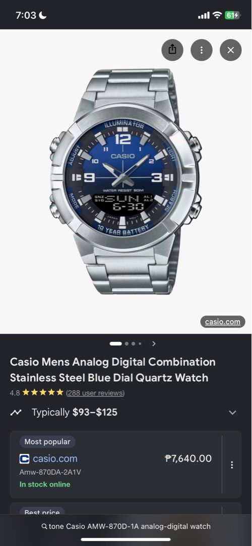 Authentic Casio AMW-870D-1A analog-digital watch (Category: Men's Watches) located in Taytay. Submitted by scoffynofoo (Listing ID 1462437285, Image 1). Description: Authentic Casio AMW-870D-1A analog-digital watch good as new. Orginal price is ₱7,000 but only selling for only ₱5,000 pesos, slightly negotiable for fast deals and sure buyer. - Casio Analog-Digital Watch - Stainless Steel Case - Striking Black Dial - Water Resistant (50 Meters) - L