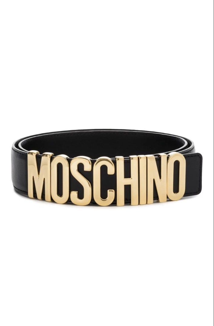 Authentic Moschino Logo-Plaque Leather Belt (Category: Belts) located in Manila. Submitted by luxestuffph (Listing ID 1462312563, Image 1). Description: - Classic black leather belt from Moschino - Features the iconic gold logo buckle - Adds a statement to any outfit - Adjustable with multiple holes - Size 42.