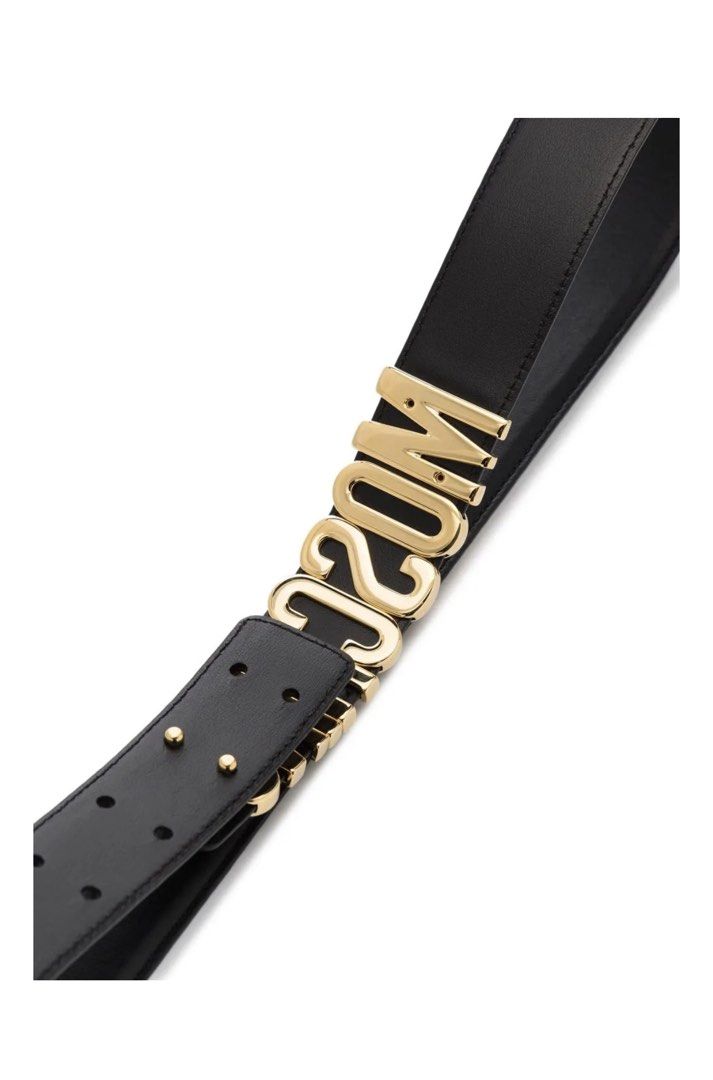 Authentic Moschino Logo-Plaque Leather Belt (Category: Belts) located in Manila. Submitted by luxestuffph (Listing ID 1462312563, Image 3). Description: - Classic black leather belt from Moschino - Features the iconic gold logo buckle - Adds a statement to any outfit - Adjustable with multiple holes - Size 42.