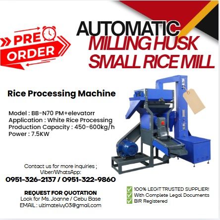 Automatic Milling Husk Small Rice Mill Machine Rice Processing Machine (Category: Home Improvement Tools & Accessories) located in Caloocan City. Submitted by clevertiger-b8cb (Listing ID 1462265361, Image 1). Description: Model : BB-N70 PM+elevatorr Application : White Rice Processing Production Capacity : 450-600kg/h Power : 7.5KW Terms Of Payment 💰50% Down payment Upon Processing 💸 💰50% Upon pick up 💸 ✅ 100% LEGIT TRUSTED SUPPLIER! ✅ With 