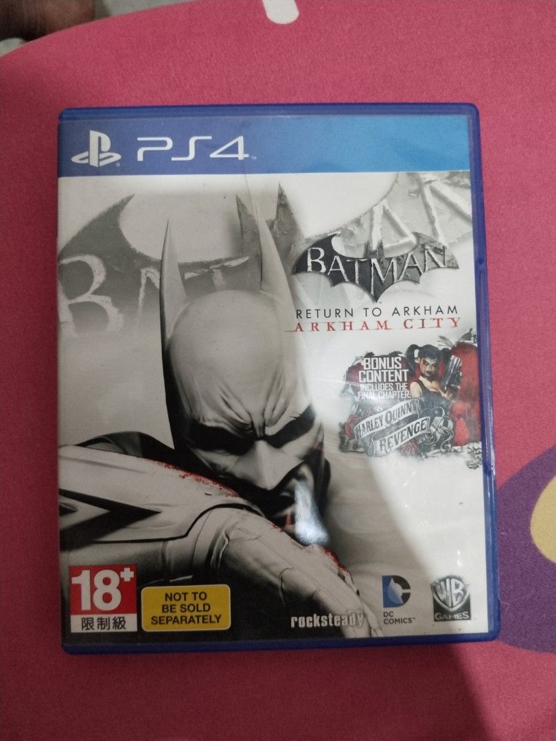 Batman: Return to Arkham PS4 Game (Category: PlayStation) located in Quezon City. Submitted by BienArt (Listing ID 1462360566, Image 1). Description: - PS4 Game: Batman: Return to Arkham - Includes Arkham Asylum and Arkham City - Bonus Content: Harley Quinn's Revenge - ESRB Rating: 18+ .