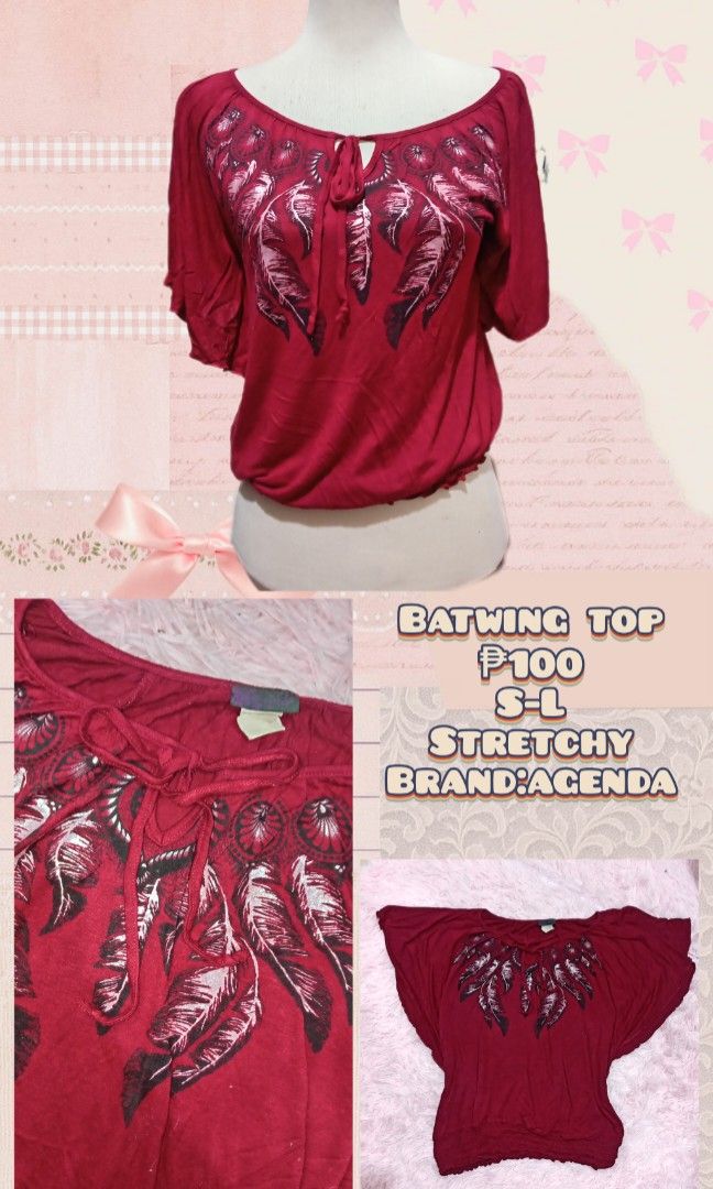 Batwing top (Category: Blouses) located in Mabalacat. Submitted by unboxasmr_stuff (Listing ID 1462272074, Image 2). Description: Fb:tacosdiarrhea 𐙚MOP: GCASH 𐙚MOD: J&T 𐙚No rush shipping 𐙚Product color may be lighter or darker in actual due to lighting/photography. 𐙚no deleting of comments 𐙚all items are preloved, so please manage your expectations 𐙚No refund or cancelations on orders! 𐙚No COD Loc📍: Mabalacat City, Pampanga.