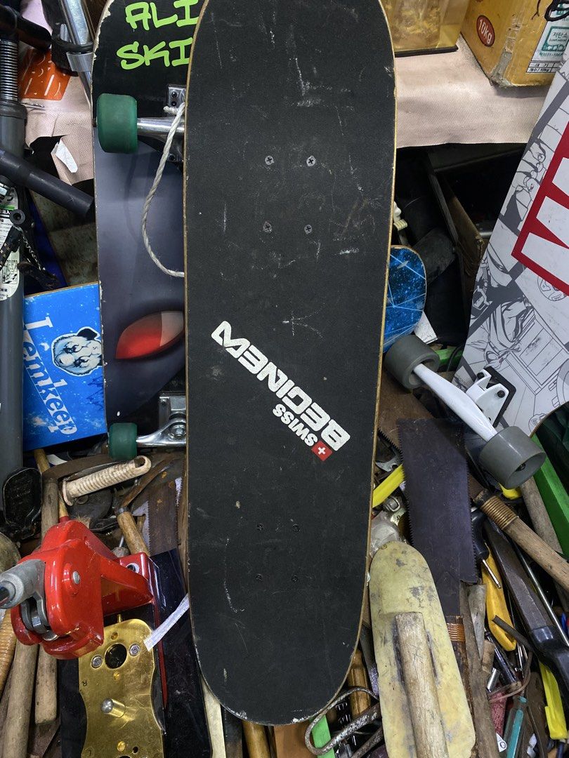 BEGNI Swiss Skateboard Deck and Trucks (Category: Skates, Rollerblades & Scooters) located in Taguig. Submitted by _lly.wyn (Listing ID 1462353408, Image 2). Description: - BEGNI Swiss skateboard deck - Teal top with white lettering - Black grip tape on bottom - Trucks and yellow wheels included - Ready to ride - Shows scuffs and marks from use.