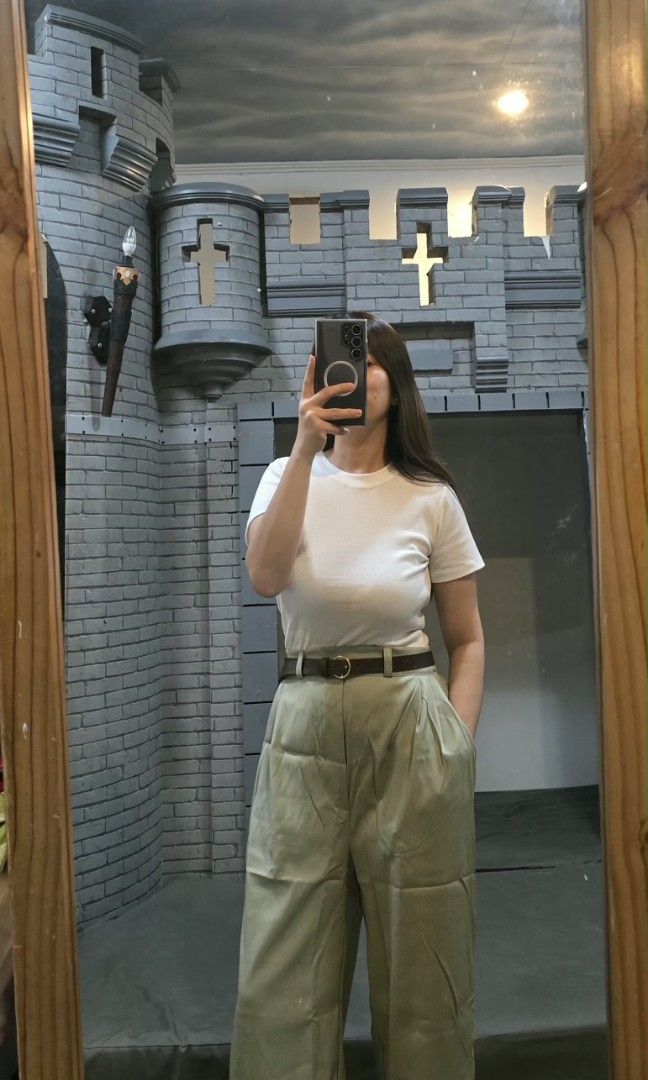 Bkk Sage Green Trouser Pants (Category: Other Bottoms) located in Manila. Submitted by kayencee_27 (Listing ID 1462418026, Image 1). Description: Brandnew Coords With clear plastic Sage green color Woven stretch fabrics wood Buttoned Garterized skirt with inner short waist - 26"-34""- Length - 38".