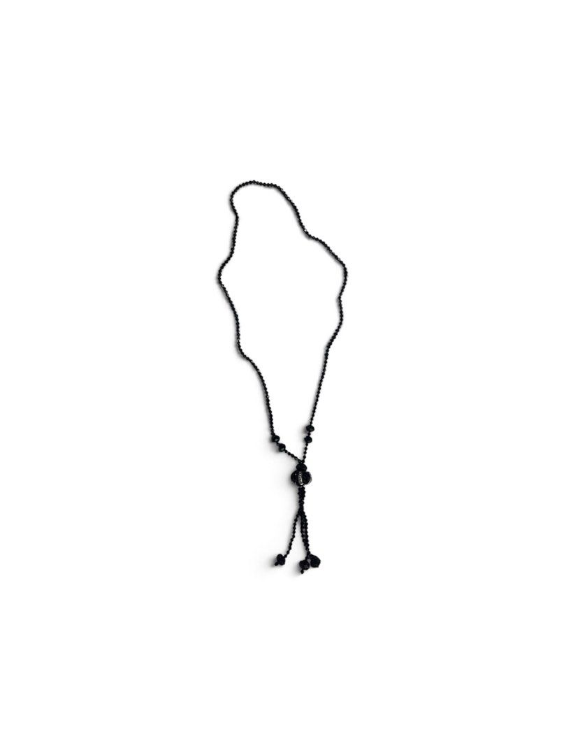 Black Beaded Y-Necklace with Tassel Ends (Category: Necklaces) located in Valenzuela. Submitted by _tann17 (Listing ID 1462384165, Image 1). Description: - Cool black beaded necklace - Unique Y-shape design - Features a central pendant - Two tassel ends for added flair - Made with small, uniform beads - Ideal for layering or wearing alone - Adds an edgy touch to any outfit.