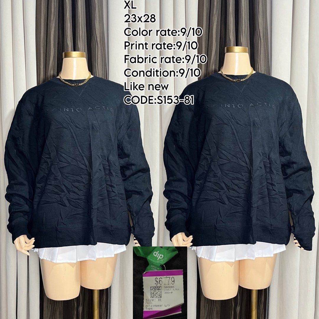 Black Dip Into Action Sweatshirt XL (Category: Coats, Jackets and Outerwear) located in Naga. Submitted by rmapprl (Listing ID 1462397589, Image 1). Description: - Black sweatshirt with 'DIP INTO ACTION' graphic - Size: XL - Measurements: 23 inches (width) x 28 inches (length) - Condition: Excellent (Color 9/10, Print 9/10, Fabric 9/10) - No major flaws, ready for a new owner!.