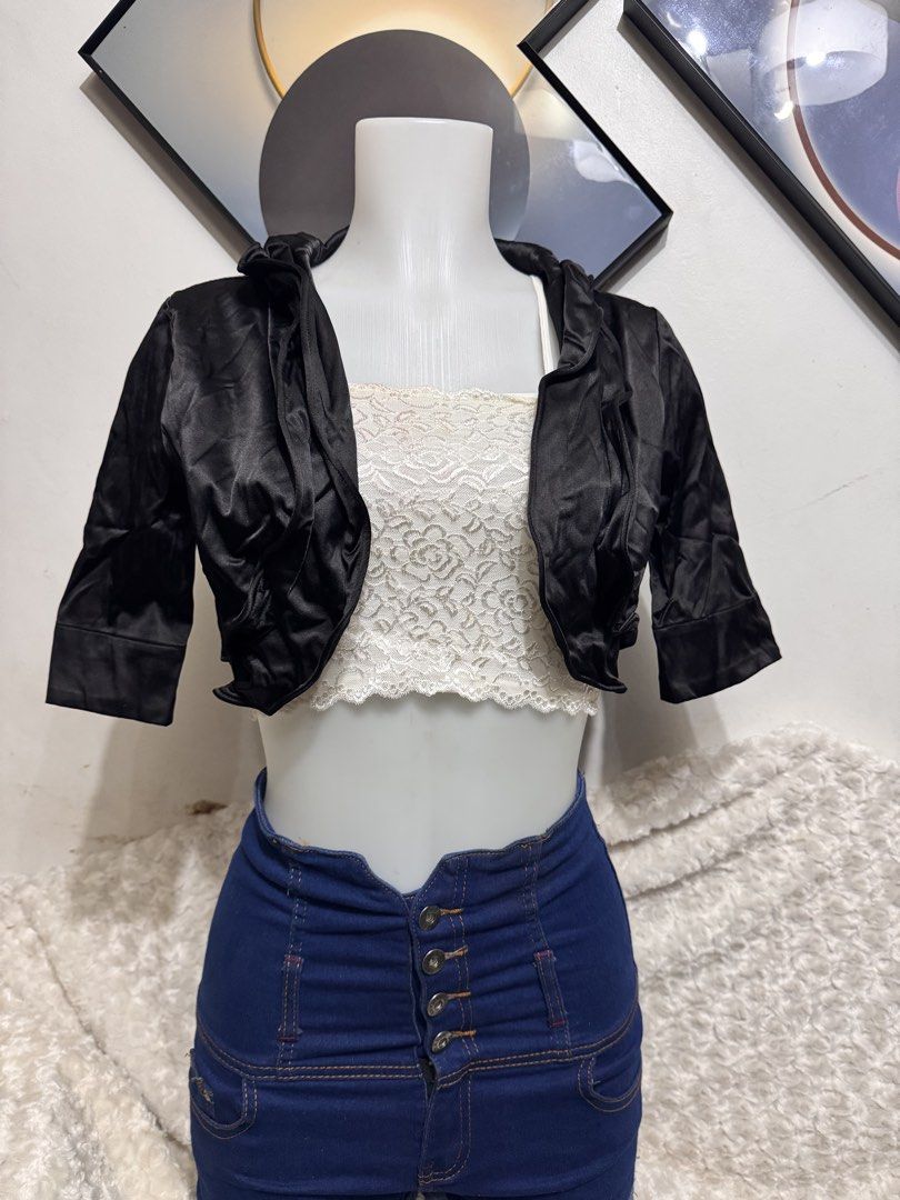 Black Satin Cropped Bolero Jacket with Ruffle Collar (Category: Coats, Jackets and Outerwear) located in Marikina City. Submitted by lorradel (Listing ID 1462341663, Image 2). Description: - fits S-L - Elegant black satin bolero jacket - Cropped length for a modern silhouette - Stylish three-quarter sleeves - Unique ruffled collar detail - Shiny material adds a touch of glamour - Versatile piece: perfect for layering over tube tops or dresses - I