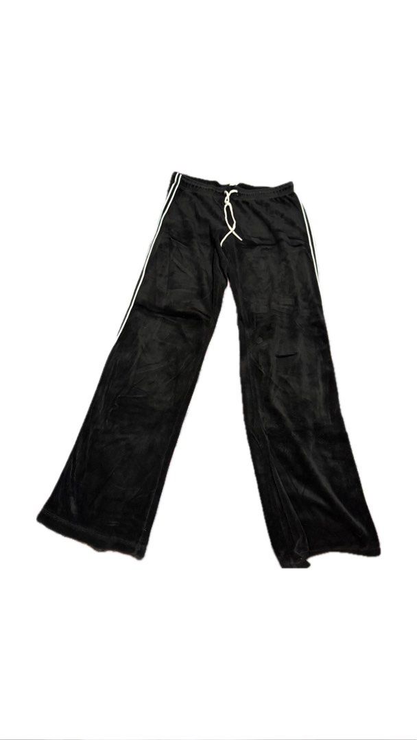 Black Velour Track Pants with White Stripes (Category: Other Bottoms) located in Paranaque City. Submitted by nikadeclutters (Listing ID 1462345669, Image 1). Description: Comfy black velour wide-leg track pants with white side stripes and adjustable drawstring waist. Perfect for lounging or casual wear..
