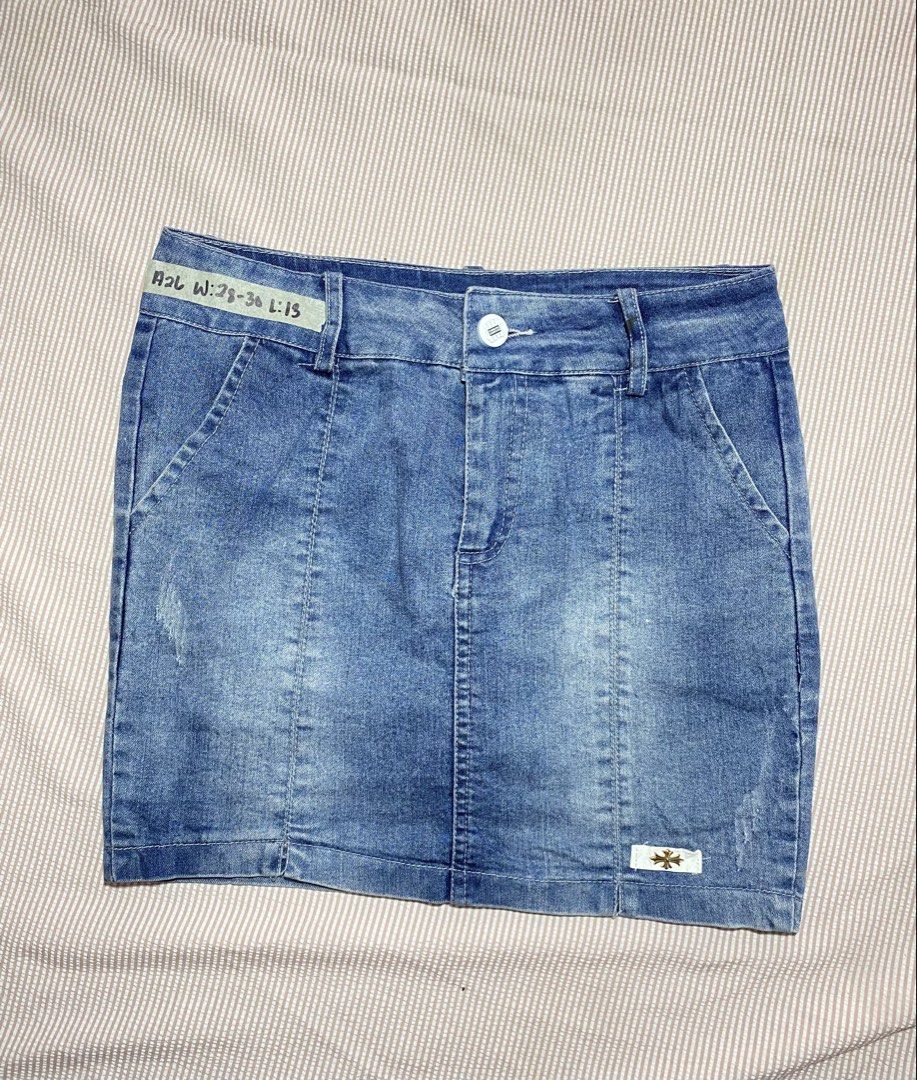 Blue Denim Mini Skirt with Distressed Details (Category: Skirts) located in Paranaque City. Submitted by golden_jinkay (Listing ID 1462421987, Image 1). Description: -Waist:28-30 -Lenght:15 - Cute blue denim mini skirt - Features distressed details on hem and pockets - Waistband size tag: W:28-30 L:15 - Fun and easy to pair with various tops for a casual look.