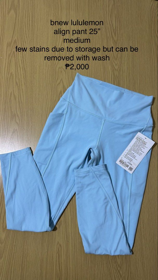 Bnew Lululemon Align Pant 25" Medium (Category: Activewear) located in Manila. Submitted by vhhhhhhh (Listing ID 1462407877, Image 1). Description: - Brand: Lululemon - Style: Align Pants - Inseam: 25 inches - Size: Medium - Color: Light Blue - Condition: Pre-loved with a few faint storage stains (should wash out) - Price: P2,000.