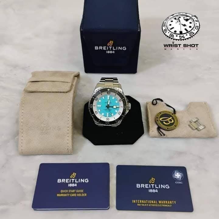 Breitling SuperOcean 44 (Category: Everything Else Others) located in Quezon City. Submitted by wristshotmanila (Listing ID 1462268284, Image 3). Description: Breitling SuperOcean 44 238,500 pesos Complete set Tiffany Blue dial Rating: 9/10 Foreign AD Case: 44mm Crystal: sapphire Movement: automatic Reference: A17376 Unit, box, card, hangtag, pouch Extra link, card sleeve Year: undated card (2024 approximation) IG: @wrist_shot_manila TikTok: @wri