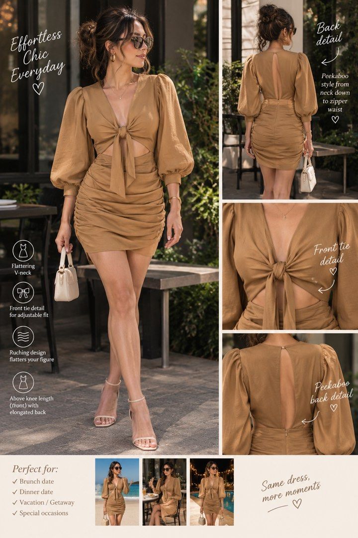 Brown Mini Event Dress, US 2 / XXS (Category: Dresses) located in Quezon City. Submitted by khaligurl (Listing ID 1431498853, Image 1). Description: More items on SALE‼️Check my listings. Condition: NWOT, Asos brand •Ruched Camel Tie Front Mini Dress, US 2, XXS-XS • Comfortable & flattering fit • Sat in closet for a while. Creases and wrinkles are expected. • Cut/removed/missing tags for storage reasons. AS-IS basis. What you see is what you get.