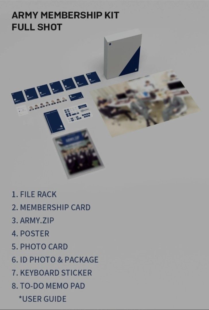BTS 8th term ARMY Membership KIT (Office Life Concept) (Category: K-Wave Merchandise) located in Quezon City. Submitted by bravewaters (Listing ID 1462320672, Image 2). Description: Complete inclusions except membership card In mint condition Inclusions: FILE RACK 1SET : Paper ARMY.ZIP 1PC : Paper POSTER 1PC : Paper PHOTO CARD 7PCS : Paper ID PHOTO 7PCS & PACKAGE 1PC : Paper KEYBOARD STICKER 1PC : Paper TO-DO MEMO PAD 1PC : Paper USER GUIDE 1PC :