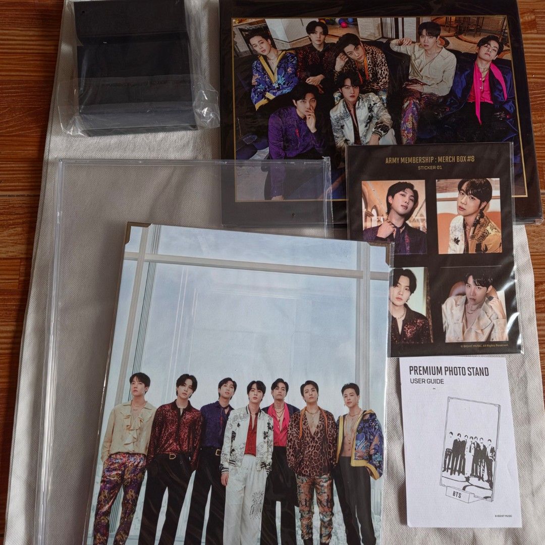 BTS ARMY Membership Merch Box #8 (Category: K-Wave Merchandise) located in Quezon City. Submitted by bravewaters (Listing ID 1462292094, Image 1). Description: Complete inclusions, only opened to take photos In mint condition Inclusions: OUT BOX / PAPER / INBOX / WEVERSE MAGAZINE / PREMIUM PHOTO / PREMIUM PHOTO HOLDER & STAND / STICKER.
