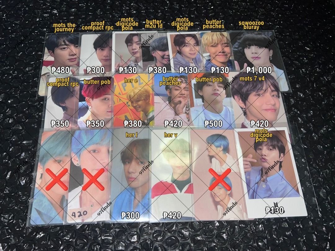 BTS Photocards (Category: K-Wave Merchandise) located in Quezon City. Submitted by vvante (Listing ID 1462390235, Image 1). Description: • wts lfb ph — bts pcs ~ ₱ in pic + pf & lsf — 50% dp, rembal in 1 week — all onhand and good condi — intl buyers ok! #. namjoon rm jin seokjin suga yoongi jhope hobi jimin taehyung v jungkook jk map of the soul mots the journey 7 ver version v 4 proof compact digicode polaroid pola butter peaches pob sowoozoo s