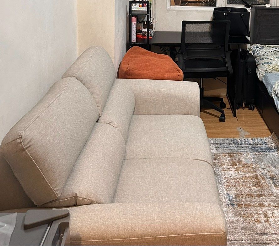 Bundle: Beige 2-Seater Sofa with Carpet (Category: Sofas) located in Manila. Submitted by chachacha.e (Listing ID 1462371649, Image 2). Description: Read: Bundle sofa with rug. Good quality both bought from SM. Carpet fits the sofa size. Bought for approximately 13k. Super discounted and still slightly negotiable. https://smhome.ph/products/sm-home-brave-2-seater-sofa - Comfortable 2-seater sofa - Neutral beige fabric, fits any decor - Plush and 