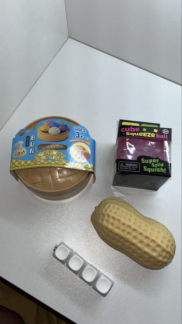 Fidget Toys Bundle (Preloved) (Category: Kids Toys) located in Quezon City. Submitted by ellaaurellano (Listing ID 1462426977, Image 2). Description: - Preloved fidget toys bundle: - Rare Dumpling Filled w Orbeez (orig price: 199) - Crunchy Peanut (orig price: 350) - Needoh (orig price: 199) - Keyboard Clicker (orig price: 250) - Some still has its own boxes.