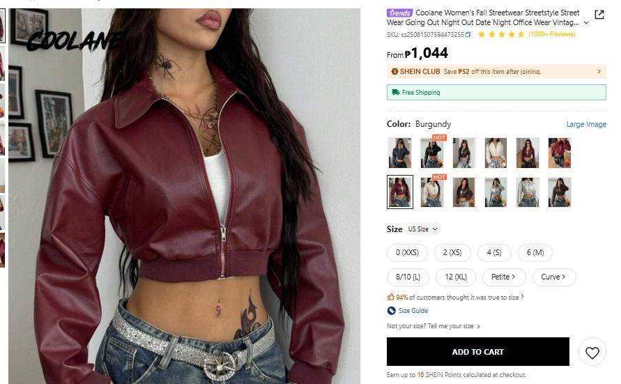 Burgundy Leather Jacket Butterfly Cut | SHEIN (Category: Coats, Jackets and Outerwear) located in Angeles City. Submitted by cyleen (Listing ID 1462363774, Image 1). Description: - Burgundy cropped jacket from COOLANE - Faux leather material - Zip-up front with collar - Perfect for styling with jeans or skirts - Ideal for night outs or casual wear Brandnew all have tags and in plastic still got from Shein Affiliate a lot of package from SHEIN Wit
