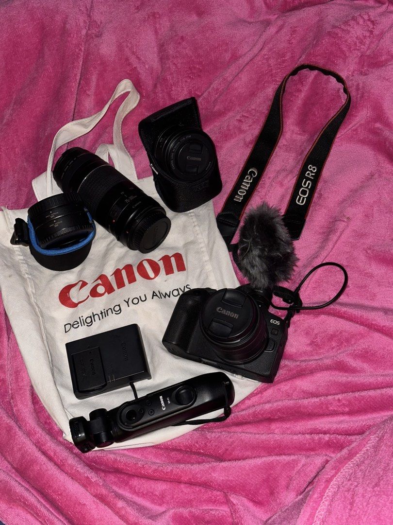Canon EOS R8 (Category: Cameras) located in Paranaque City. Submitted by dream6url (Listing ID 1462367816, Image 2). Description: For SALE Canon EOS R8 Main Kit: Canon EOS R8 Body (10k Shutter Count, 9.5/10 cosmetic, 10/10 operational) Canon RF 50mm f/1.8 STM Canon RF 24-50mm f/4.5-6.3 IS STM Included for FREE: Canon EF 75-300mm f/4-5.6 III + [Original Canon] EF-to-RF Mount Adapter Canon DM-E100 Stereo Mic (with Wind Muff) Canon HG-100TBR Tripod 