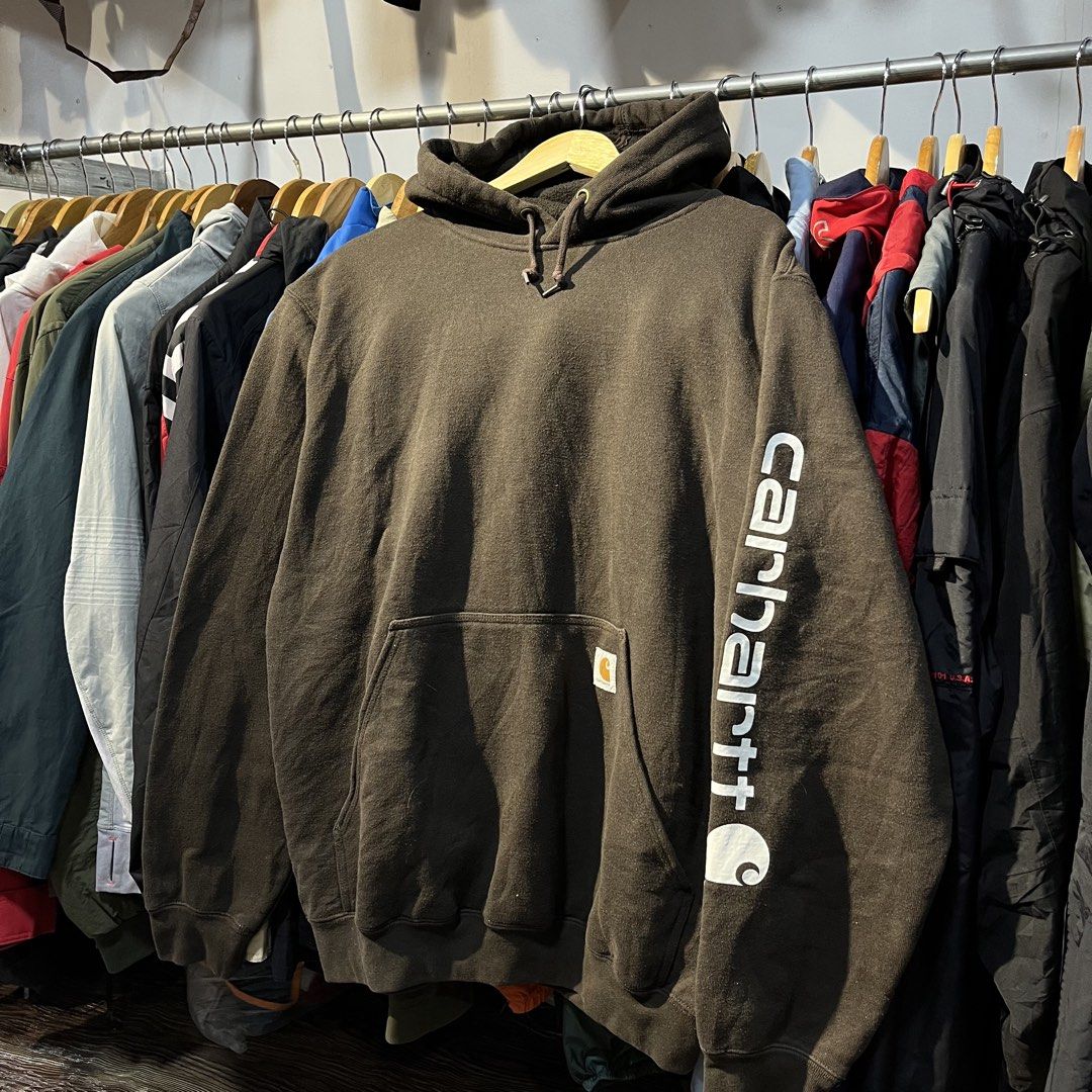 Carhartt Darkbrown K288 Sleeve Script (Category: Hoodies) located in Kabasalan. Submitted by yourgamiii (Listing ID 1462400448, Image 1). Description: Carhartt Darkbrown K288 Sleeve Script Large ( 24Wx28L) Excellent.