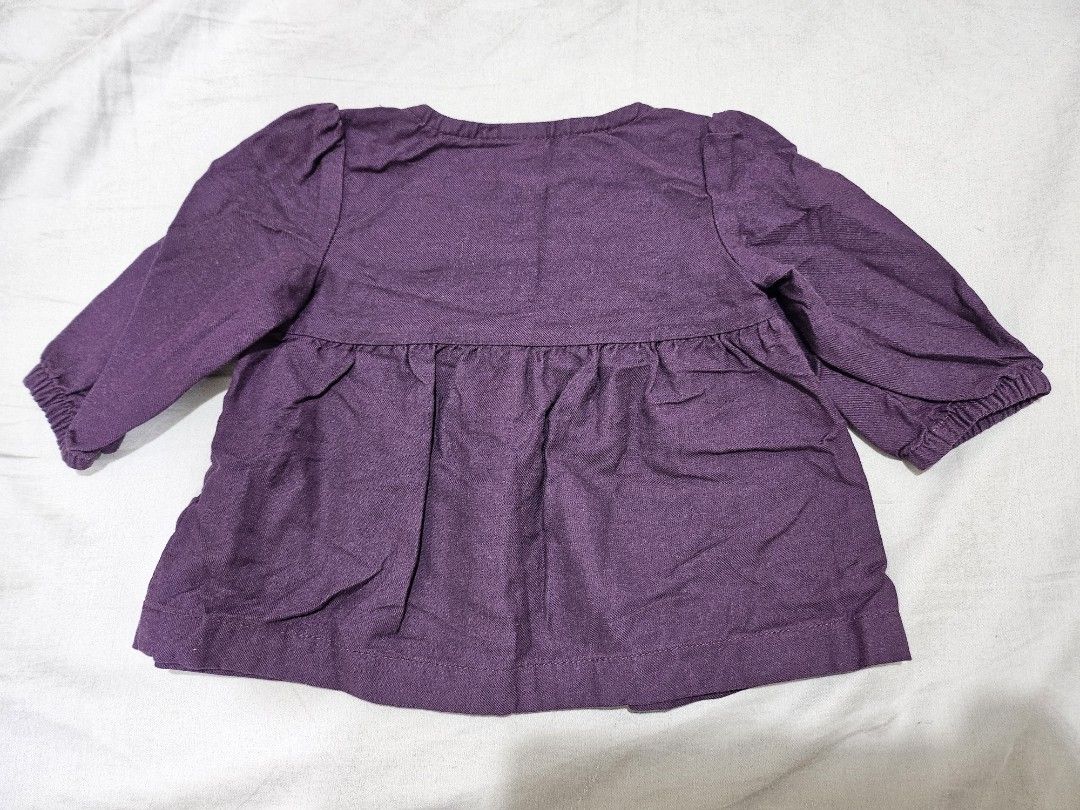 Carter's Purple Long Sleeve Button Up Top 3M (Category: Babies & Kids Fashion) located in Manila. Submitted by momshiedells (Listing ID 1462275006, Image 2). Description: - Brand: Carter's - Color: Purple - Style: Long sleeve top - Features: Button-up front, gathered details, elastic cuffs - Origin: Made in Thailand - Size: 3 months.