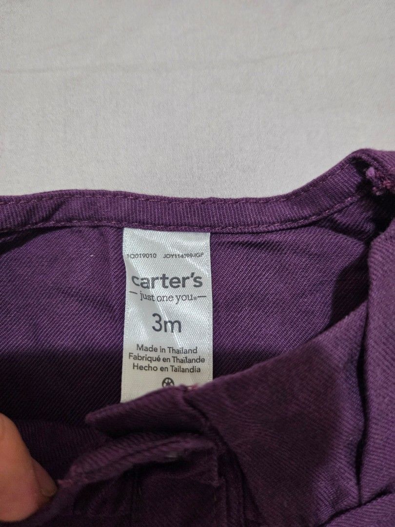 Carter's Purple Long Sleeve Button Up Top 3M (Category: Babies & Kids Fashion) located in Manila. Submitted by momshiedells (Listing ID 1462275006, Image 3). Description: - Brand: Carter's - Color: Purple - Style: Long sleeve top - Features: Button-up front, gathered details, elastic cuffs - Origin: Made in Thailand - Size: 3 months.