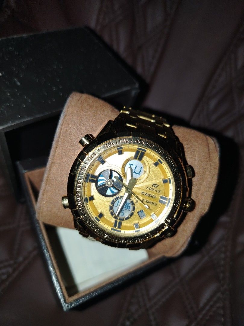 Casio Edifice G-Shock Gold Chronograph Watch (Category: Men's Watches) located in Manila. Submitted by zealphoenix-5220 (Listing ID 1462430171, Image 2). Description: - Authentic Gold Casio Edifice G-Shock watch - Features both analog and digital displays - Functional chronograph with multiple sub-dials - Durable metal bracelet - Last bought on April 11, 2026 with actual receipt, w/o the actual box (different box is provided) - Good as new - No d