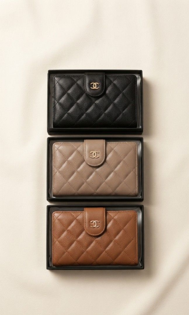 Caviar Leather Medium Wallet (Category: Wallets & Card holders) located in Davao. Submitted by nisa_chan04 (Listing ID 1460076078, Image 1). Description: - Bi-fold wallet - Material: Black/Brown/Khaki caviar leather - Design: Quilted pattern - Closure: Snap closure - Features: Multiple card slots, zippered coin pocket - Includes box - Benefit: Great for organizing your essentials.