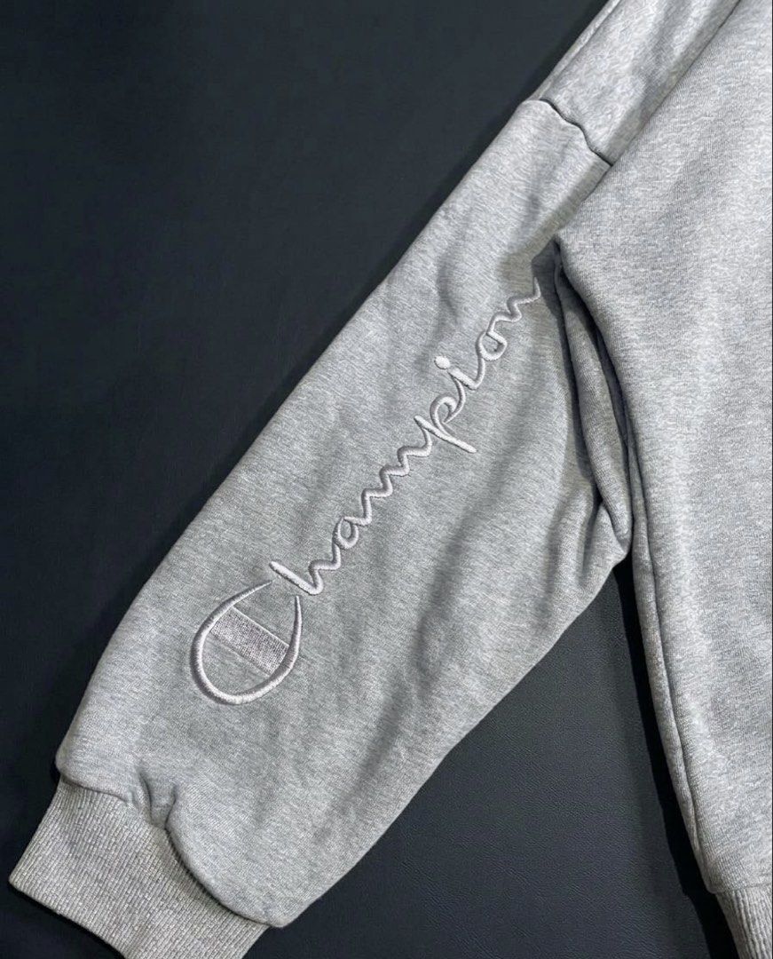 Champion Sleeve Script Hoodie (Category: Coats, Jackets and Outerwear) located in Manila. Submitted by hiddenvaultph (Listing ID 1462420182, Image 2). Description: Size: XXL on tag (best fit M) Width: 25 Length: 26 Perfect boxy fit Color rate: 9.5/10 Like New condition MOP: Gcash Shipping: JNT Location: Antipolo.