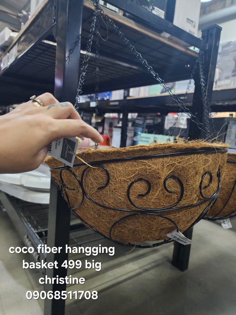 Coco Fiber Hanging Basket Planter (Category: Storage Boxes & Baskets) located in Cainta. Submitted by christine07. (Listing ID 1462263780, Image 3). Description: - Set of 2 coco fiber hanging baskets - Sturdy metal frame with decorative swirls - Ready to hang with included chains - Ideal for plants, gardens, and patios - Price: PHP 499 for the set - Contact Christine: 09068511708.