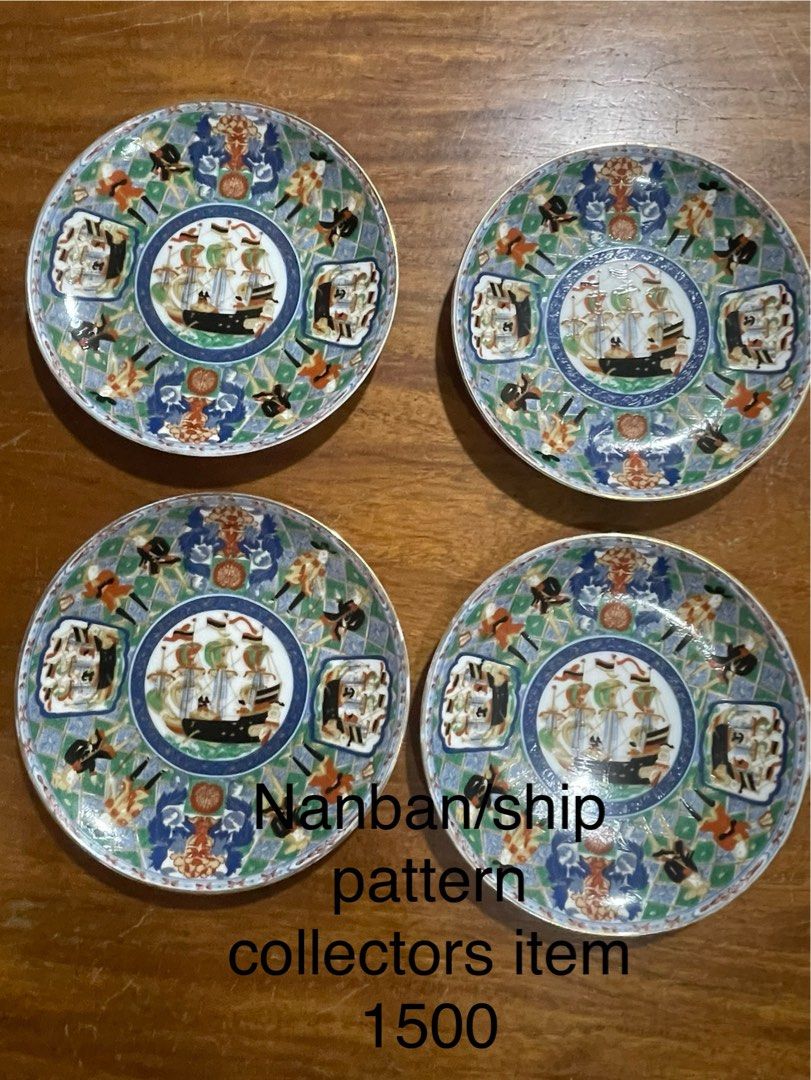 Collector's Item (Category: Dinnerware & Cutlery) located in Manila. Submitted by simon.0916 (Listing ID 1462435785, Image 1). Description: Nanban Ship Plates (₱1,500): Vintage Japanese Nanban Ship Porcelain Plates (Set of 4) Kutani/Imari Large Set (₱2,500): Authentic Kutani/Imari Porcelain Serving Set Kutani/Imari Tea Set (₱1,500): Japan Surplus Kutani/Imari Ceramic Tea & Bowl Set 2-Tone Dinner Plates (₱650): 4-Piece Modern Two-Tone Ceramic Plat