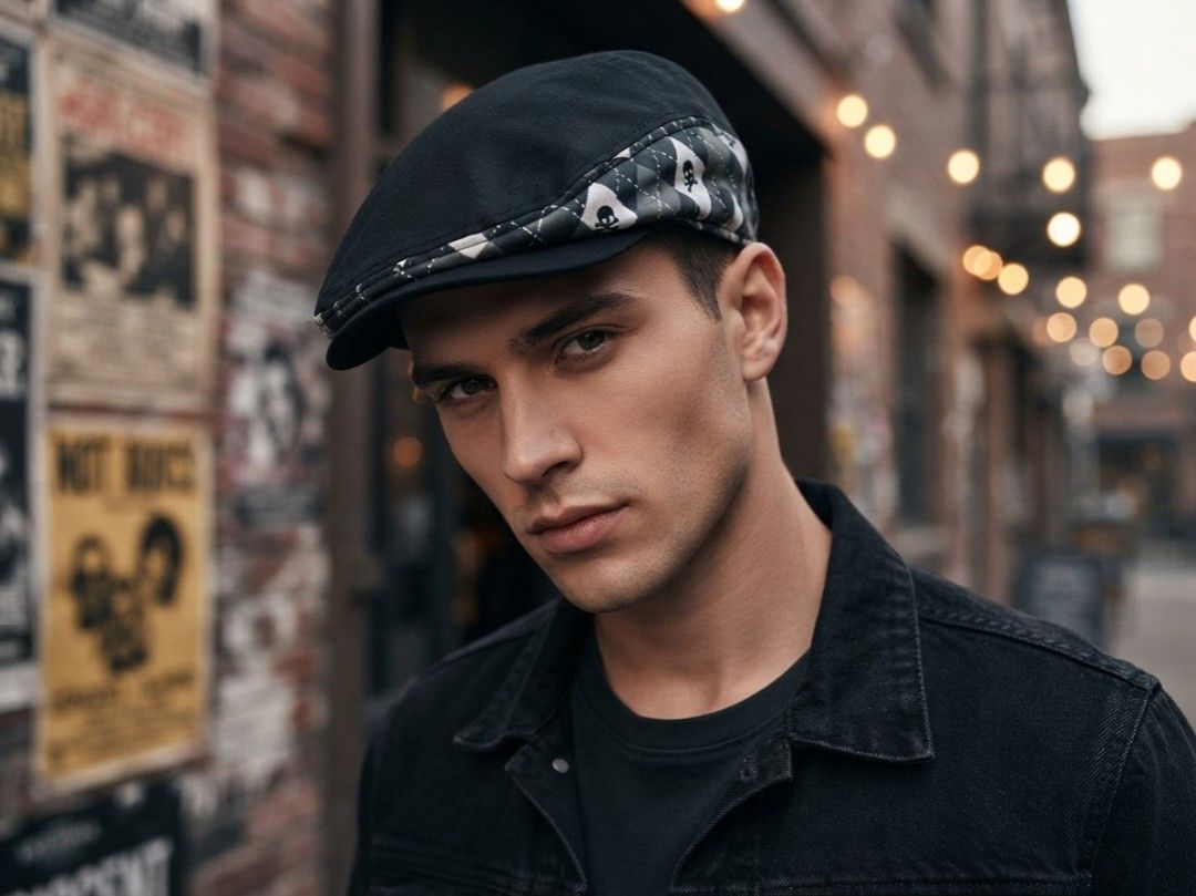 Concept One Skull Argyle Flat Cap M/L (Category: Caps & Hats) located in Binangonan. Submitted by yuristalin888 (Listing ID 1462257417, Image 1). Description: Add an edgy twist to a classic menswear silhouette with this Concept One flat cap. Featuring a solid black crown paired with an olive, black, and white skull-and-argyle pattern along the trim, this hat delivers a bold, punk-inspired style. Complete with a fully lined interior featuring the 