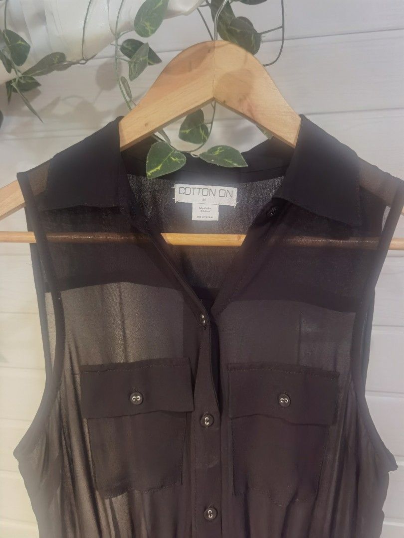 Cotton On Sheer Button-Up Shirt Dress (Category: Dresses) located in Tagaytay City. Submitted by SibsDeclutter4ever (Listing ID 1462416632, Image 2). Description: - Grey sheer button-up shirt dress from Cotton On - Sleeveless design - Two chest pockets - Elasticated waist for a flattering fit - Button-down front - Perfect for layering or wearing on its own Small to med Good as new .