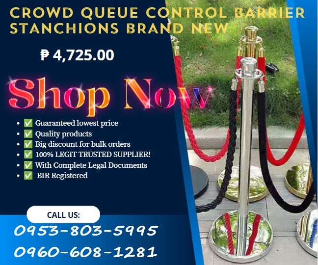 crowd queue control barrier stanchions brand new (Category: Occasions & Party Supplies) located in Caloocan City. Submitted by javierchec55656 (Listing ID 1462266991, Image 1). Description: ●Name: Rope Barrier ●Style number: UFY-VRT51 ●Material: Stainless steel ( Grade 201) -Golden ●Thickness of material: 0.65mm ●Dia: 51mm ●Finish: Golden ●Height: 1000mm ●Weight: 7.8kg ●Shape of base: cone base ●Dia of base: 320mm ●Base: Concrete with S/S Cover ,
