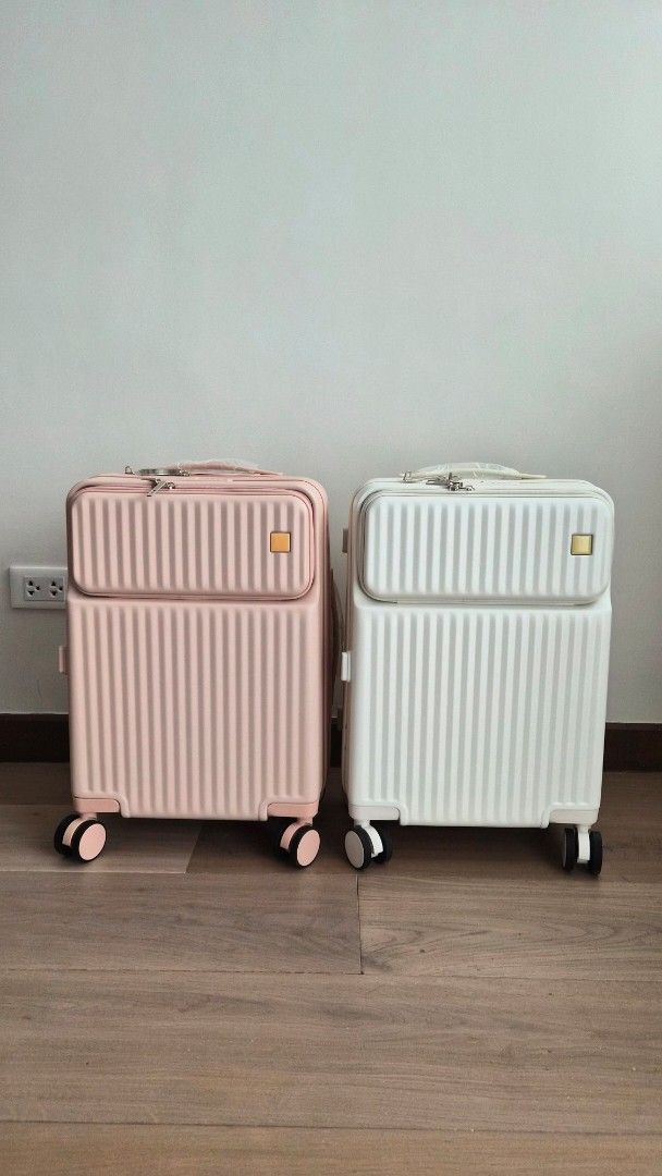 Cute carry-on luggage with front pocket (Category: Luggage) located in Quezon City. Submitted by mooneon (Listing ID 1462313813, Image 1). Description: - Lightweight carry-on luggage - Secure combination TSA lock - Smooth rolling wheels - Includes dust cover -Available in pink and white - With easy-access lockable front pocket -Have multiple stocks of this -2.8kg -20x36x50cm.
