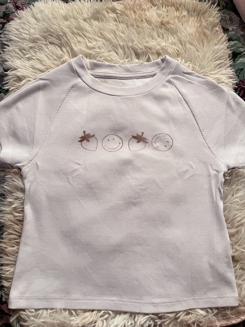 Cute Strawberry and Smile Face Ribbed Top (Category: Others Tops) located in Bulacan. Submitted by zzzelshop (Listing ID 1462286647, Image 1). Description: •White •Ribbed Fabric •Strawberry and Smile Face Print still intact • 13 inches width, 16 and half inches length .