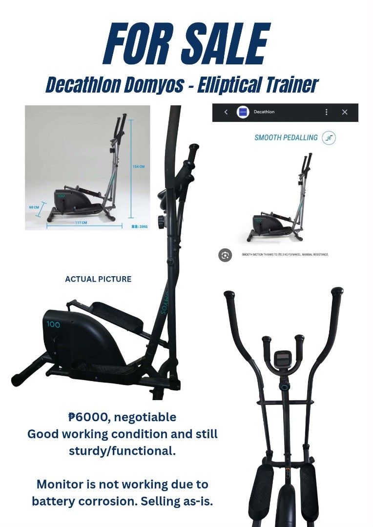 Decathlon Elliptical (Category: Cardio & Fitness Machines) located in Pasig City. Submitted by ceacart (Listing ID 1462347883, Image 1). Description: Lightly used please check photo for details Actual Photo on the poster.
