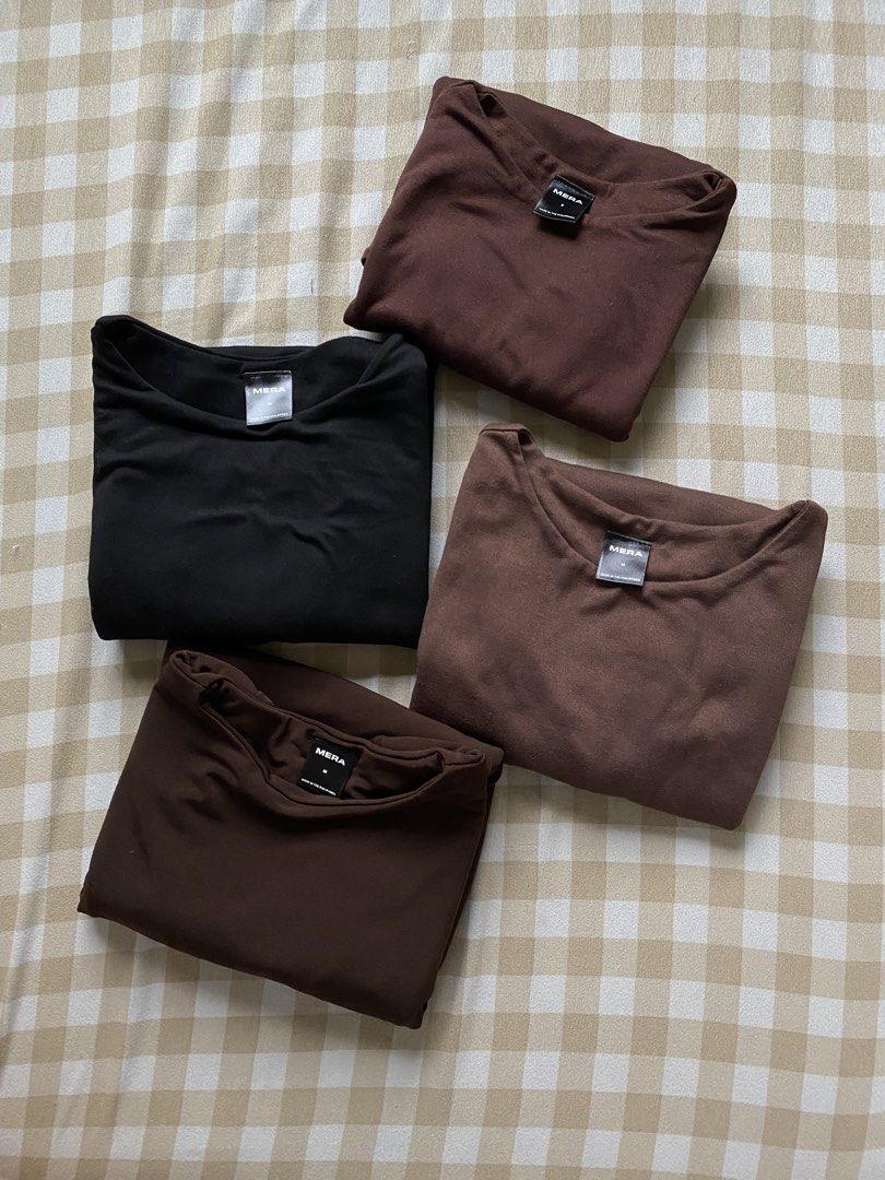Declutter Bundle: 4 MERA Fitted Tops (Neutral Earth Tones) (Category: Shirts) located in Santa Maria. Submitted by closetclearout_co (Listing ID 1462279062, Image 1). Description: MERA Fitted Tops Declutter Bundle (4 Pieces) Selling all 4 tops together at a discounted price! Includes: 1 Premium Renata in Choco Brown (MERA, Size M) 1 Renata in Black (MERA, Size M) 1 Renata in Coffee (MERA, Size M) 1 Renata in Choco Brown (MERA, Size S) Condition: 