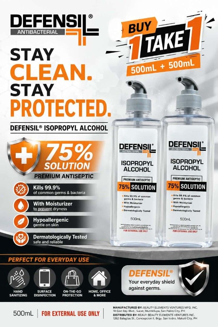 Defensel Isopropyl alcohol (Category: Sanitizers & Disinfectants) located in Manila. Submitted by dolorchris69891 (Listing ID 1462351476, Image 1). Description: 🧴 DEFENSIL Isopropyl Alcohol 75% Solution (500mL) ✨ Stay Protected. Stay Germ-Free. ✨ 💥 RETAIL PROMO 🛒 2 for only ₱ 450 ✅ 75% Premium Antiseptic Solution ✅ Kills 99.9% of germs & bacteria ✅ With Moisturizer ✅ Hypoallergenic ✅ Dermatologically Tested 🏠 Ideal for homes, offices, schools