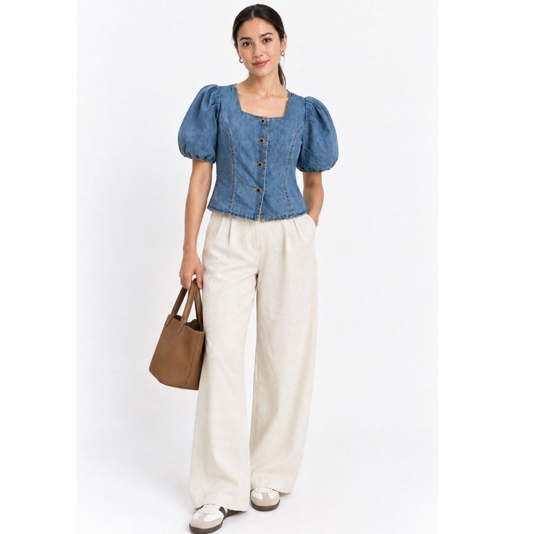 Denim Puff Sleeve Top | Square Neck Button Front | Medium (Category: Blouses) located in San Jose del Monte. Submitted by vanessabarredo (Listing ID 1462336393, Image 2). Description: Unbranded denim top with a feminine square neckline and statement puff sleeves. Structured fitted silhouette with button-front detail. Easy to style with trousers, maxi skirts, or denim for a modern Scandinavian-inspired look. Condition: Excellent pre-loved conditio