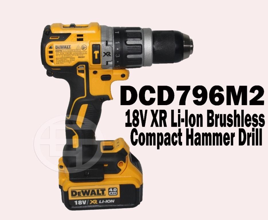 DeWalt Brushless Compact Hammer Drill (Category: Cleaning Tools & Supplies) located in Quezon City. Submitted by ultrapetronne (Listing ID 1462338146, Image 1). Description: DeWalt DCD796M2 Brushless Compact Hammer Drill Voltage: 18V Max Torque (Hard): 70Nm Max Torque(Soft): 27Nm Power Output: 460 Watt No Load Speed: 0-550/2000 rpm Beats per Minute: 0-9350/34000 bpm Battery Chemistry: XR Li-Ion Battery Type: 4.0 Ah.
