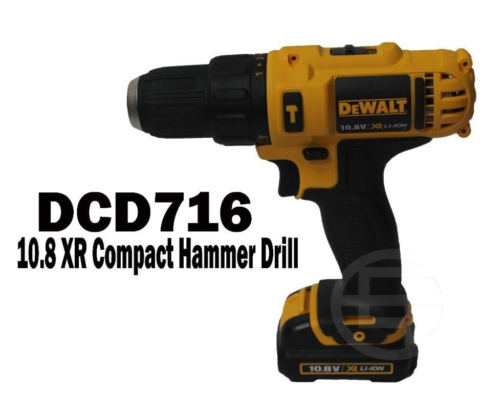 DeWalt Compact Hammer Drill (Category: Cleaning Tools & Supplies) located in Quezon City. Submitted by ultrapetronne (Listing ID 1462338798, Image 1). Description: DeWalt DCD716C2 Compact Hammer Drill Voltage: 10.8V Power Input: 180W No Load Speed: 0-400/0-1500rpm Max Torque: 30Nm Chuck Cap./ Chuck Type: 10mm Max. Drilling Capacity (Wood/Metal/Masonry): 20/10/8mm Impact Rate: 0-6000/22500bpm Battery Chemistry: XR Li-Ion Battery Type: 1.3 Ah.