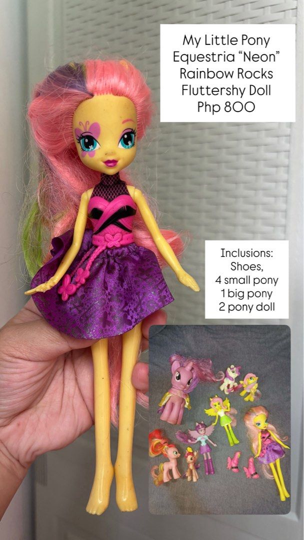Dolls (Barbie, Pony, Bratz) (Category: Kids Toys) located in Quezon City. Submitted by piyayaaaaaa10 (Listing ID 1462439594, Image 1). Description: Letting go of personal collection Dolls: - Pony set (My Little Pony Equestria “Neon” Rainbow Rocks Fluttershy Doll, 4 small pony, 1 big pony, 2 pony dolls) - Php 800 - Winter Barbie - 350 - Barbie Beach Set (Doll, 1 corset, 3 clothes) - 300 - Barbie set (Doll, 2 sets frozen themed clothes) - 350 - Vin