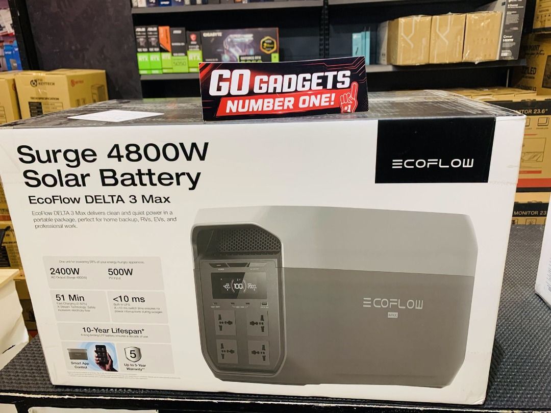 EcoFlow DELTA 3 Max Surge 4800W Solar Battery (Category: Batteries & Power Banks) located in Caloocan City. Submitted by swiftdeer.cf08f3 (Listing ID 1462346982, Image 1). Description: - EcoFlow DELTA 3 Max Solar Battery - Powerful 4800W Surge - 2400W and 500W Output Capabilities - Ultra-fast Charging: Full in just 51 minutes - Near-instantaneous Response Time: Less than 10ms - Built to Last: 10-year lifespan - Ideal for all your power requiremen