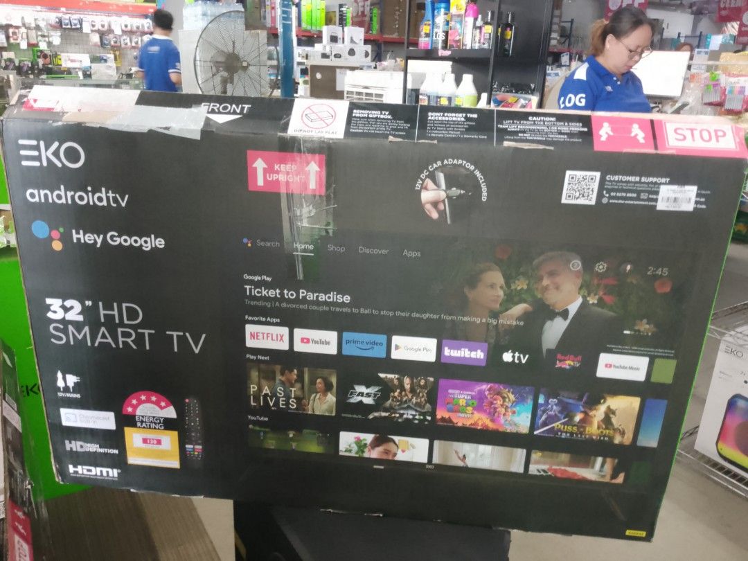 EKO Android TV 32" HD Smart TV with Google Assistant (Category: TV) located in Manila. Submitted by fiercehorse_40fdc9 (Listing ID 1462300588, Image 1). Description: - EKO 32 inch HD Smart TV - Runs on Android TV with Google Assistant - Perfect for streaming Netflix, YouTube, and other apps - Apps like Netflix and YouTube come pre-installed - Energy efficient rating included - Brand new, box is still sealed.