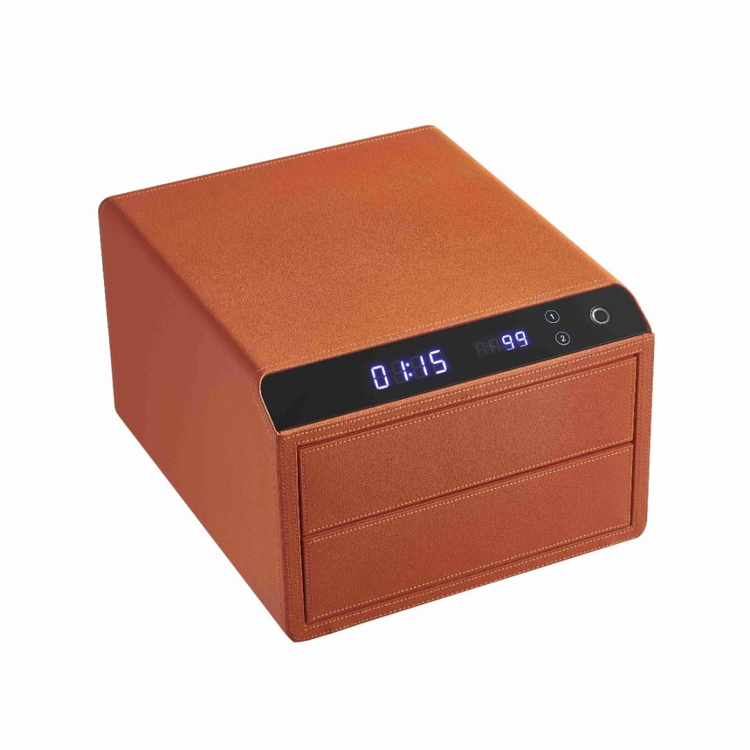 Electronic Fingerprint Leather Vault (Two-Layer) (Category: Clocks) located in Makati City. Submitted by _sammyyy (Listing ID 1462382937, Image 2). Description: Measurements: 352mm Width x 405mm Depth x 330mm Height Material & Finishing: Steel, leather finish Security: Fingerprint and Code Unlock Available Colors: Black, White, Maroon, Orange, Pink.